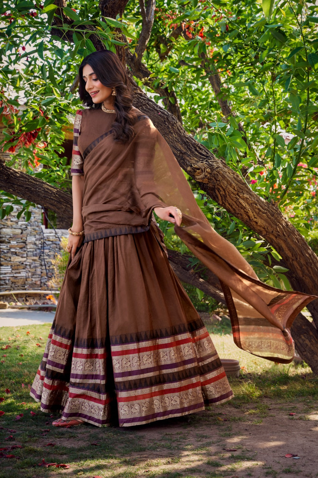Brown Pure Chanderi Plain With Zari Weaving Work Border Lehenga Choli