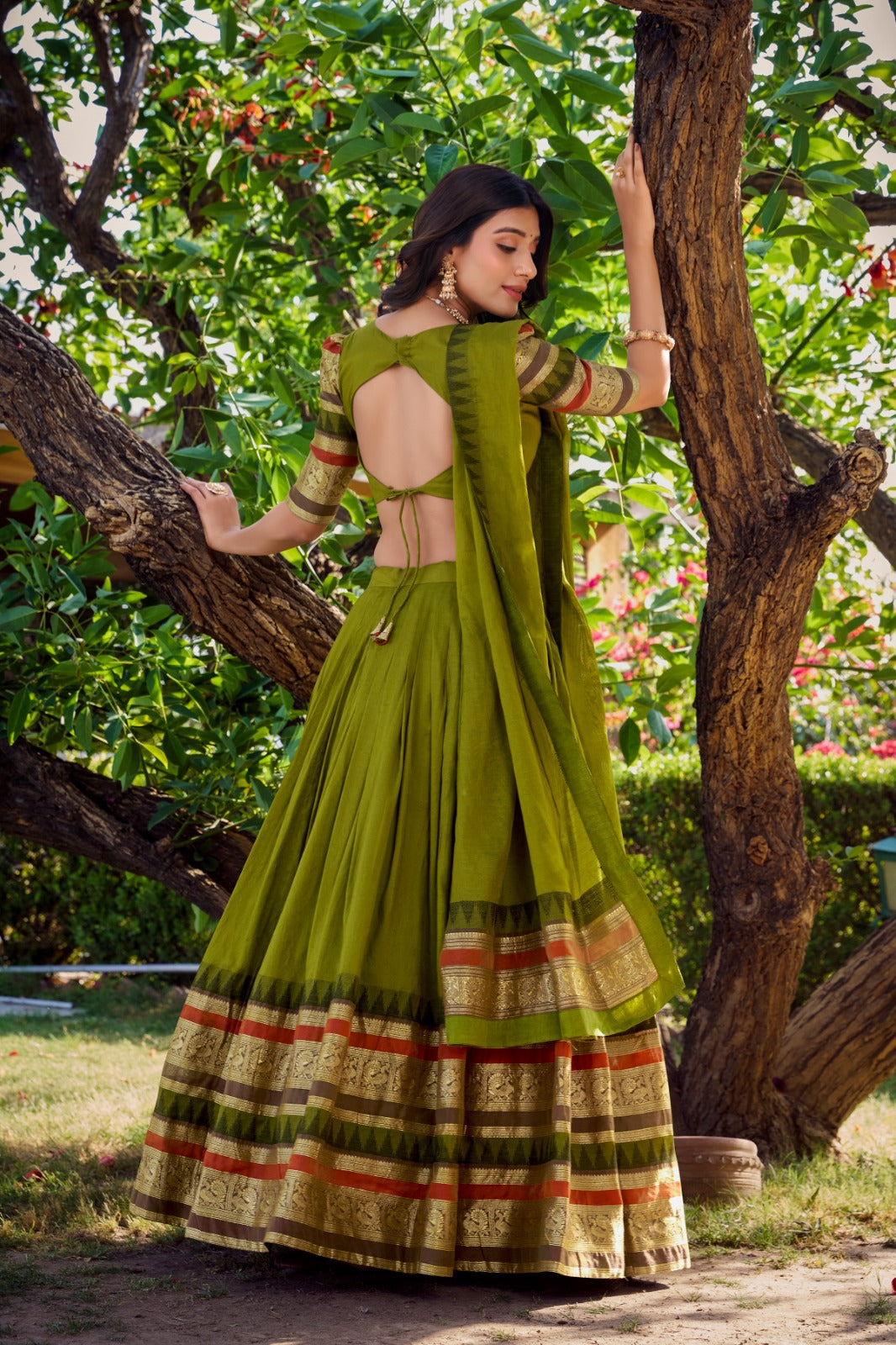 Mehndi Pure Chanderi Plain With Zari Weaving Work Border Lehenga Choli