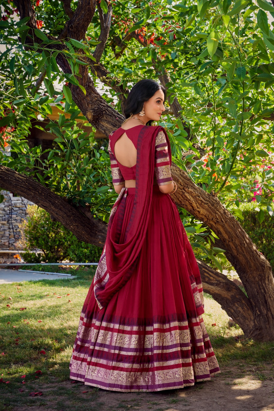 Maroon Pure Chanderi Plain With Zari Weaving Work Border Lehenga Choli