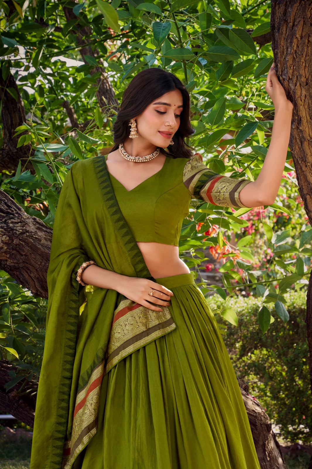 Mehndi Pure Chanderi Plain With Zari Weaving Work Border Lehenga Choli