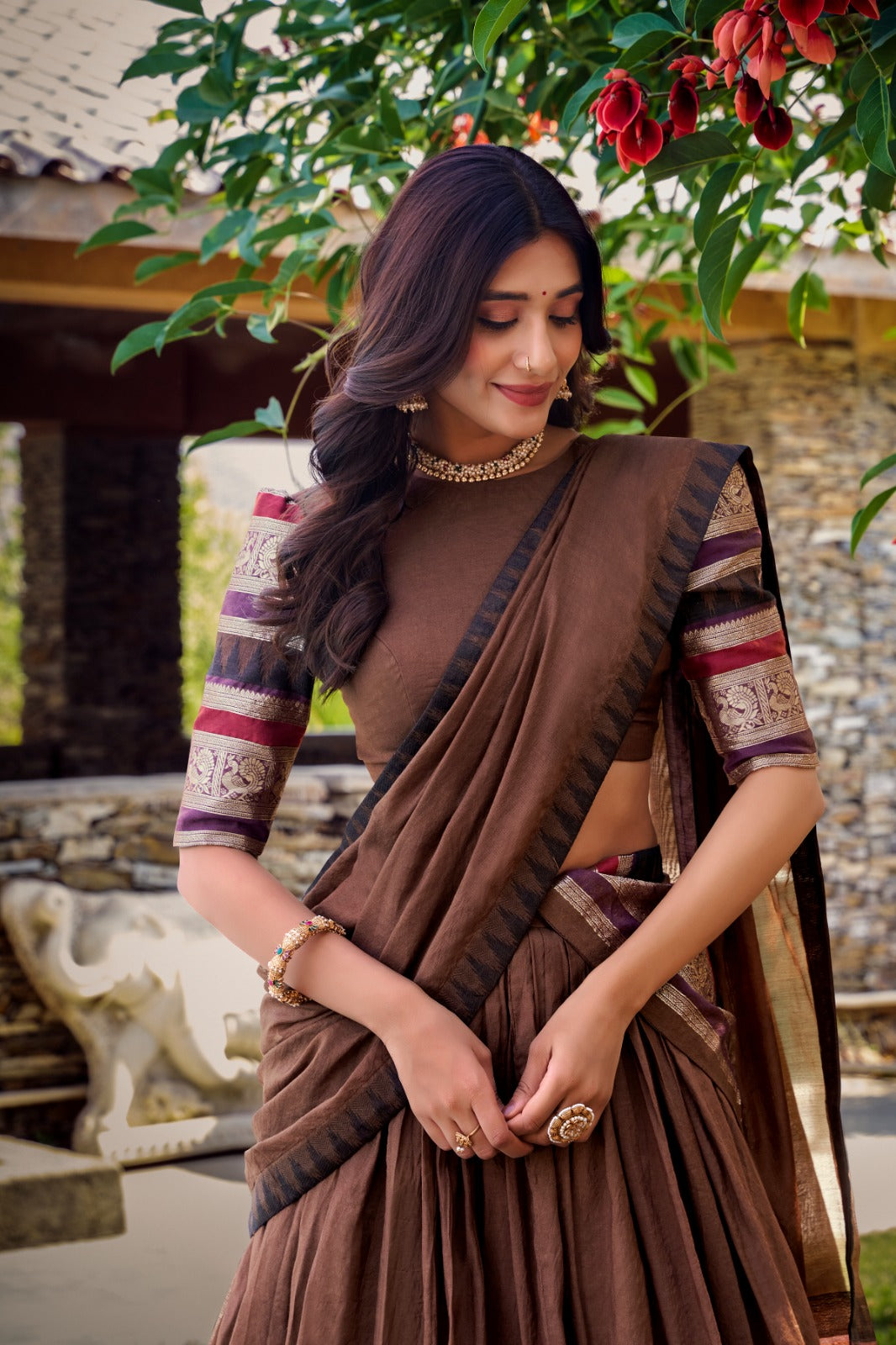 Brown Pure Chanderi Plain With Zari Weaving Work Border Lehenga Choli