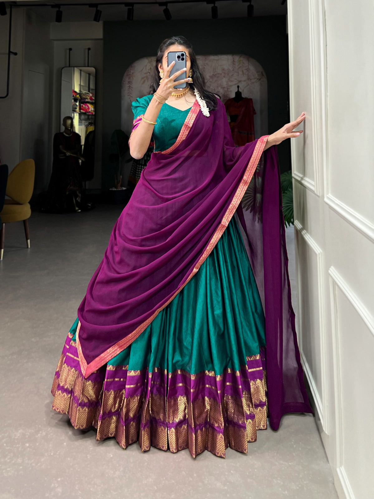 Teal Blue Poly cotton Zari Weaving Work Plain Lehenga Choli