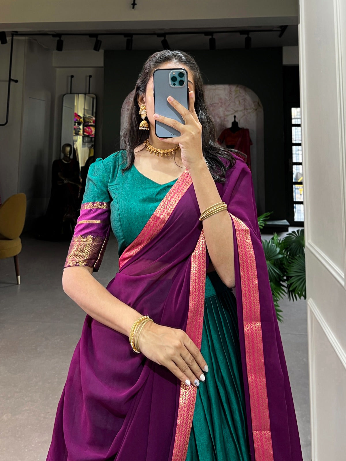 Teal Blue Poly cotton Zari Weaving Work Plain Lehenga Choli