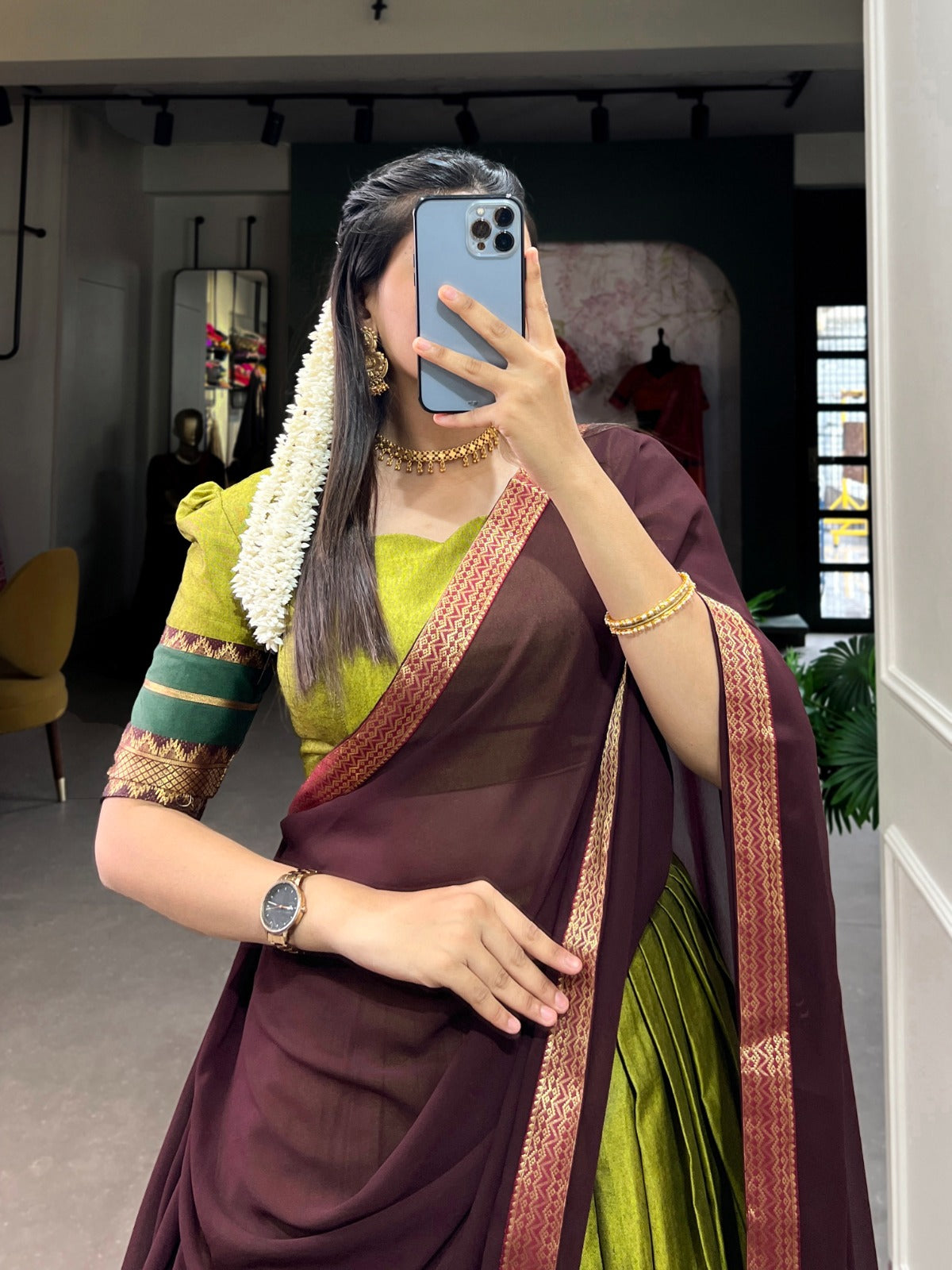 Ocean Green Poly cotton Zari Weaving Work Plain Lehenga Choli