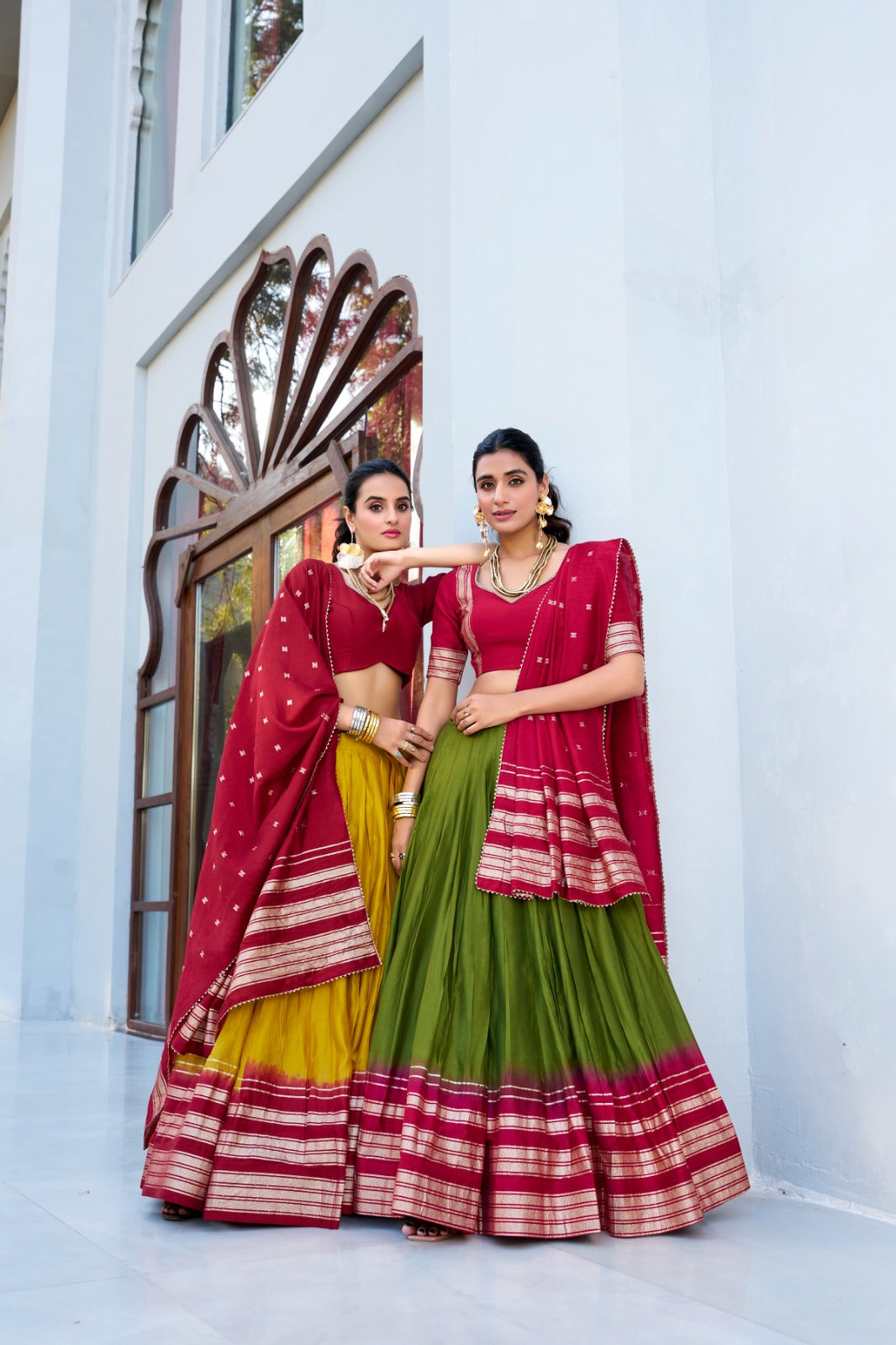 Mehndi Pure Chanderi Plain With Zari Weaving Work Border Lehenga Choli