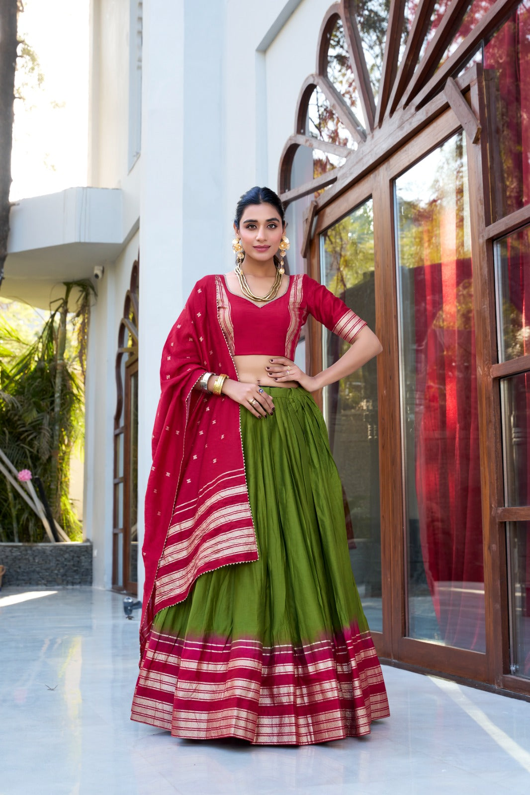 Mehndi Pure Chanderi Plain With Zari Weaving Work Border Lehenga Choli