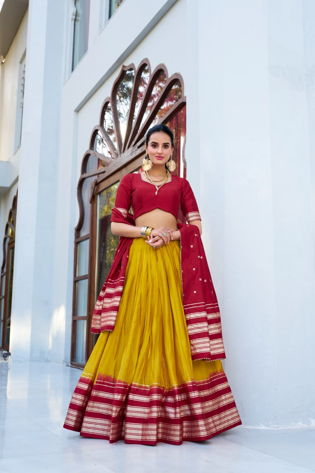 Yellow Pure Chanderi Plain With Zari Weaving Work Border Lehenga Choli