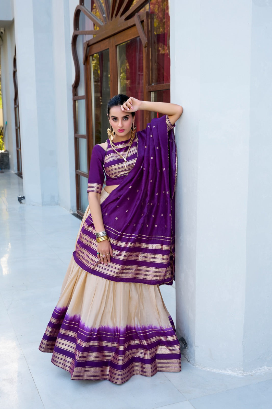 Off White Pure Chanderi Plain With Zari Weaving Work Border Lehenga Choli