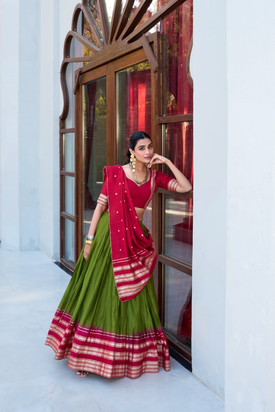 Mehndi Pure Chanderi Plain With Zari Weaving Work Border Lehenga Choli