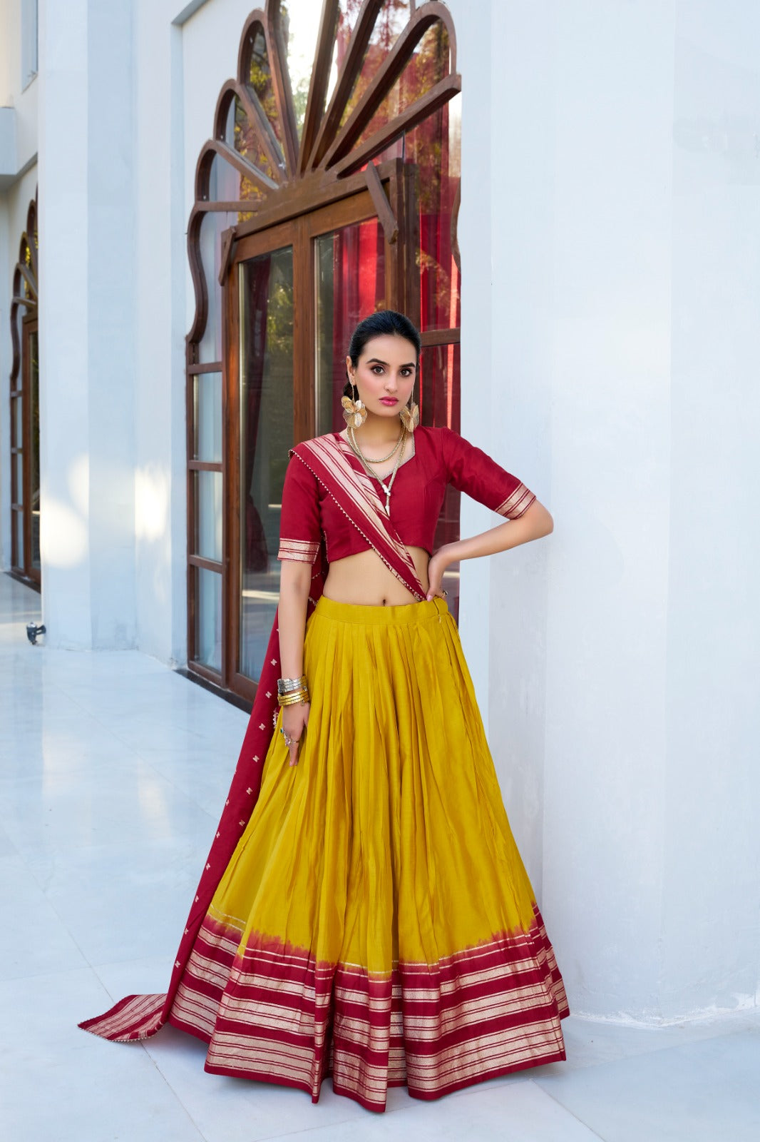 Yellow Pure Chanderi Plain With Zari Weaving Work Border Lehenga Choli
