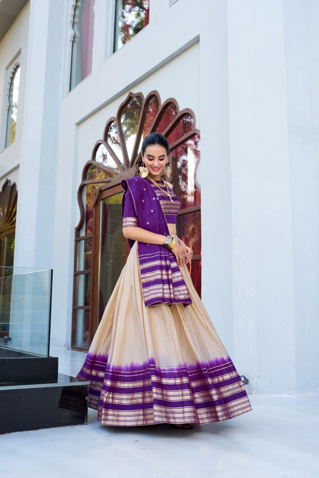 Off White Pure Chanderi Plain With Zari Weaving Work Border Lehenga Choli