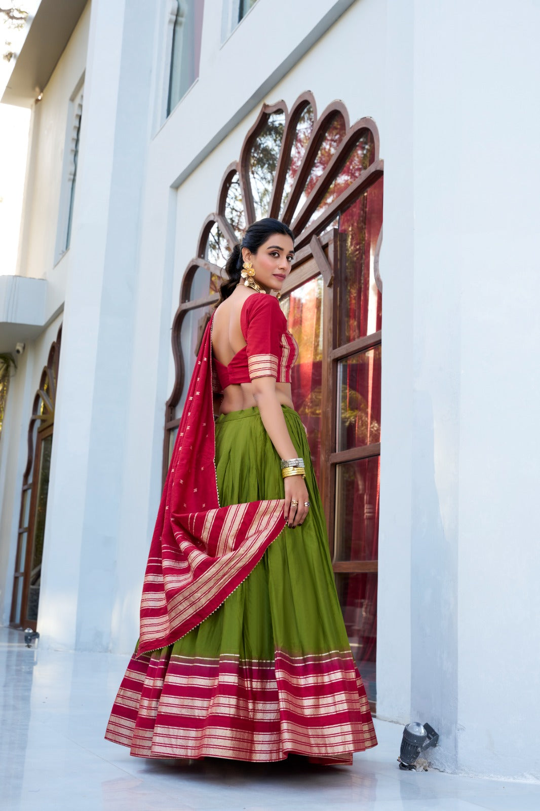 Mehndi Pure Chanderi Plain With Zari Weaving Work Border Lehenga Choli