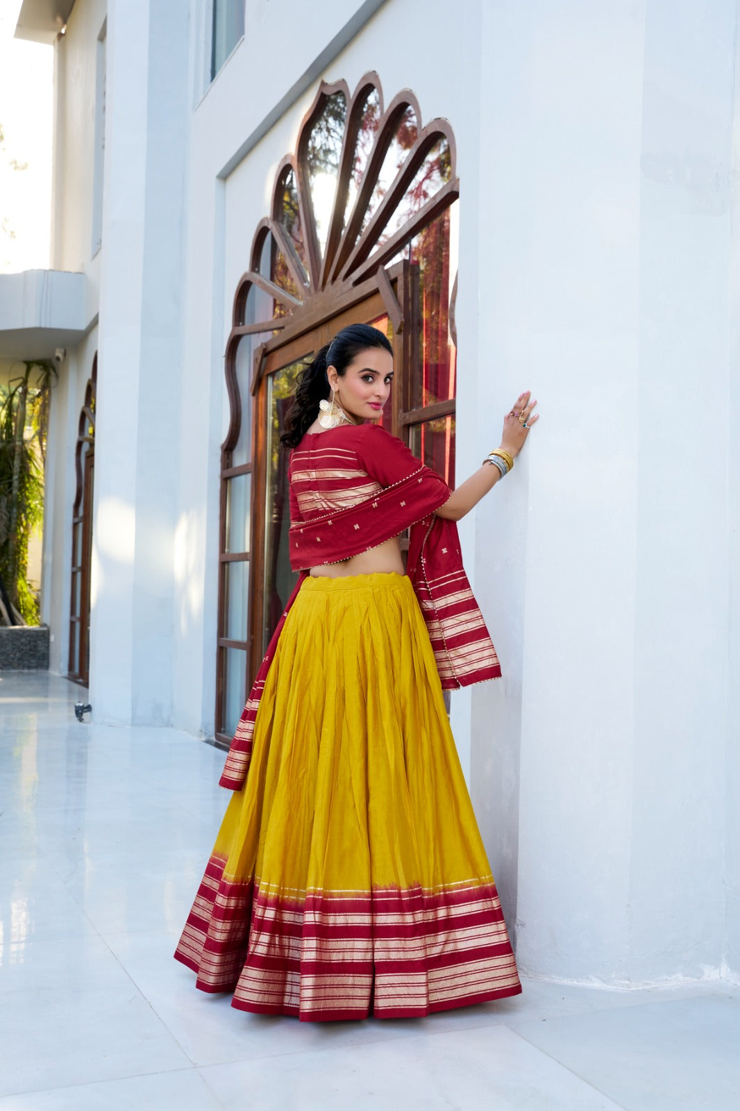 Yellow Pure Chanderi Plain With Zari Weaving Work Border Lehenga Choli
