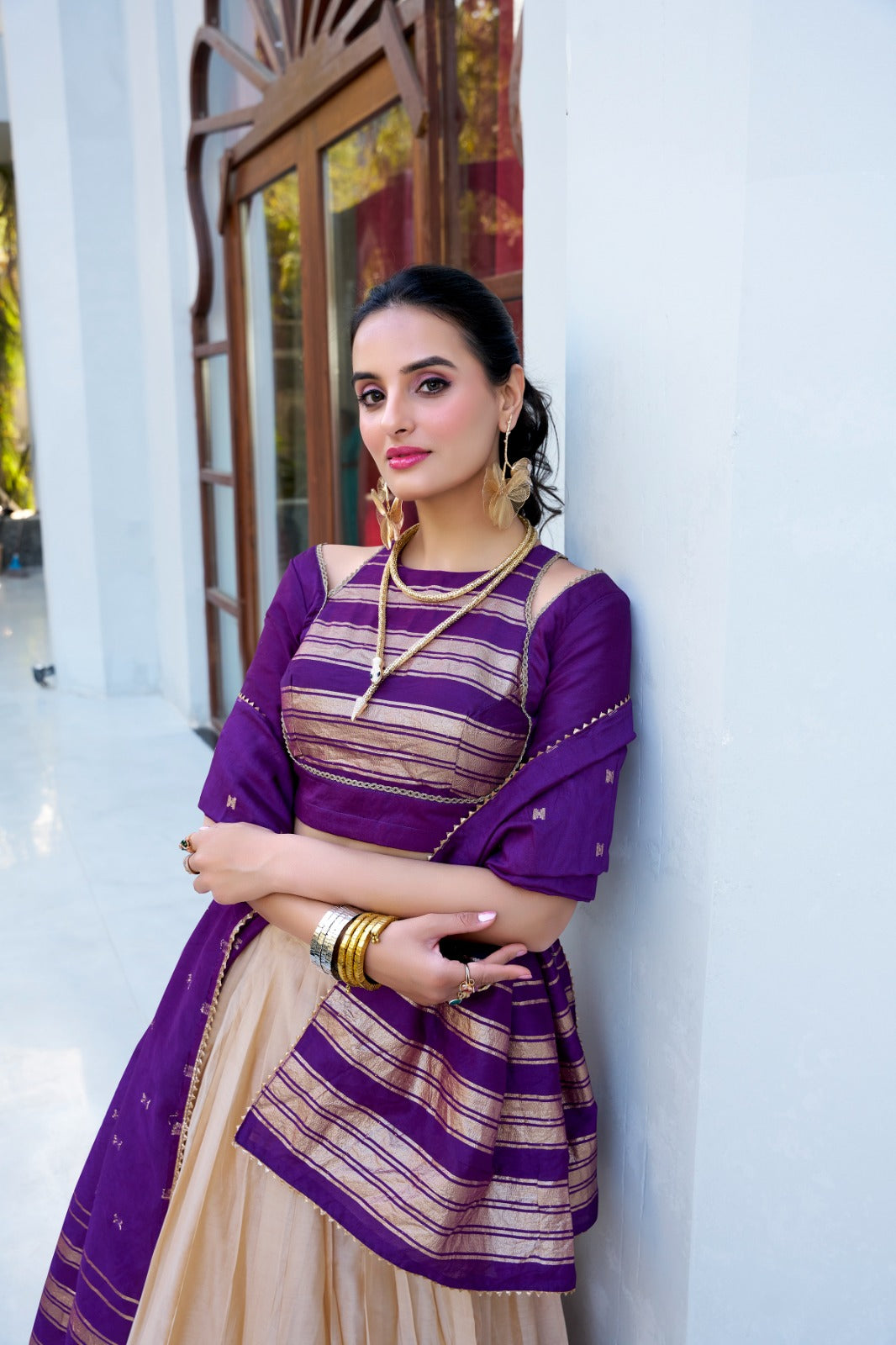 Off White Pure Chanderi Plain With Zari Weaving Work Border Lehenga Choli