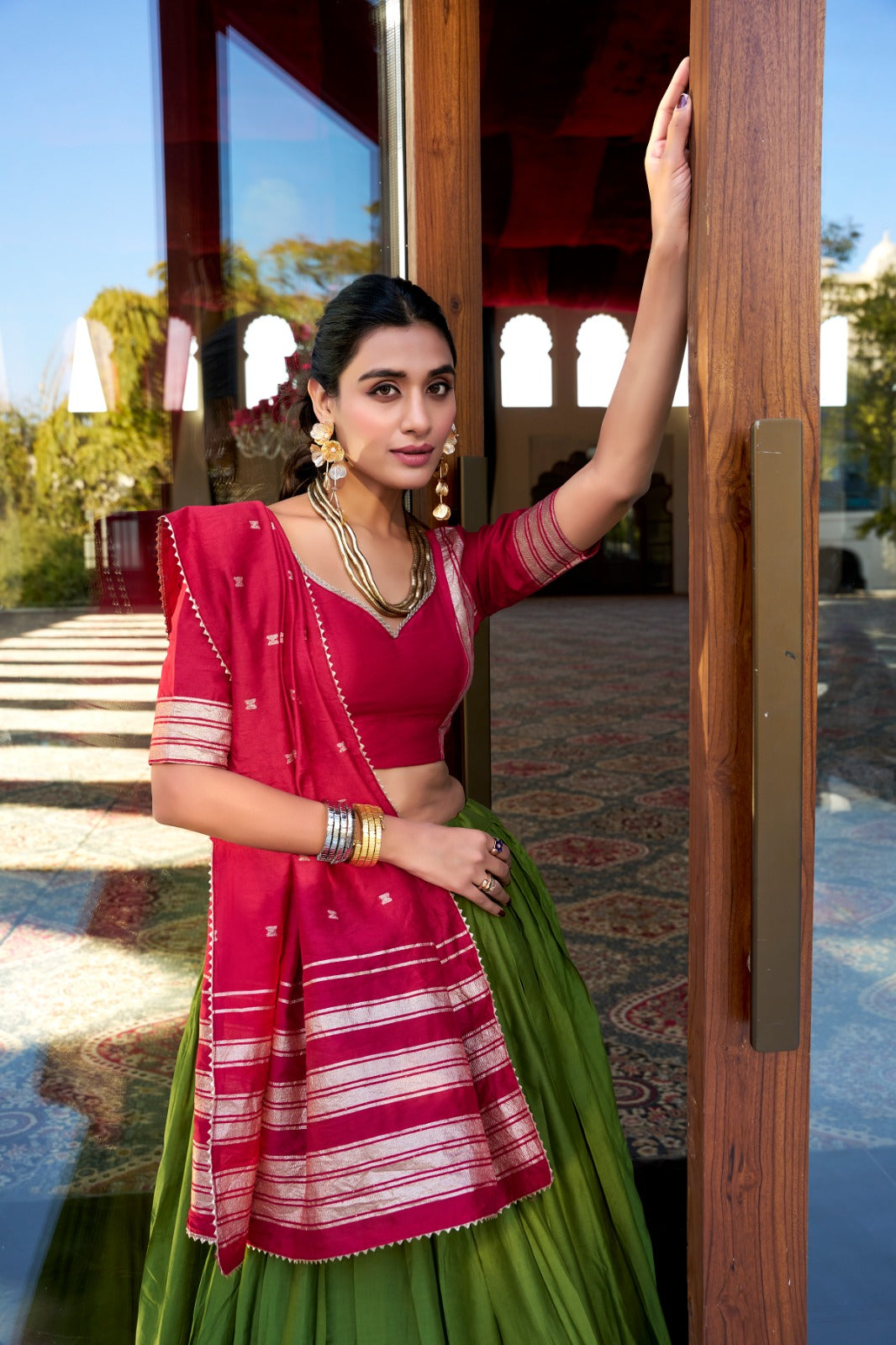 Mehndi Pure Chanderi Plain With Zari Weaving Work Border Lehenga Choli