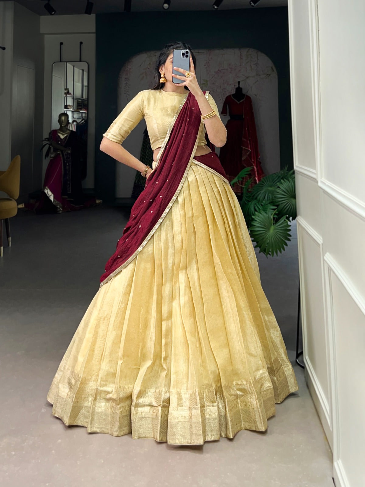Cream Kanchipuram Zari Weaving Work Lehenga Choli