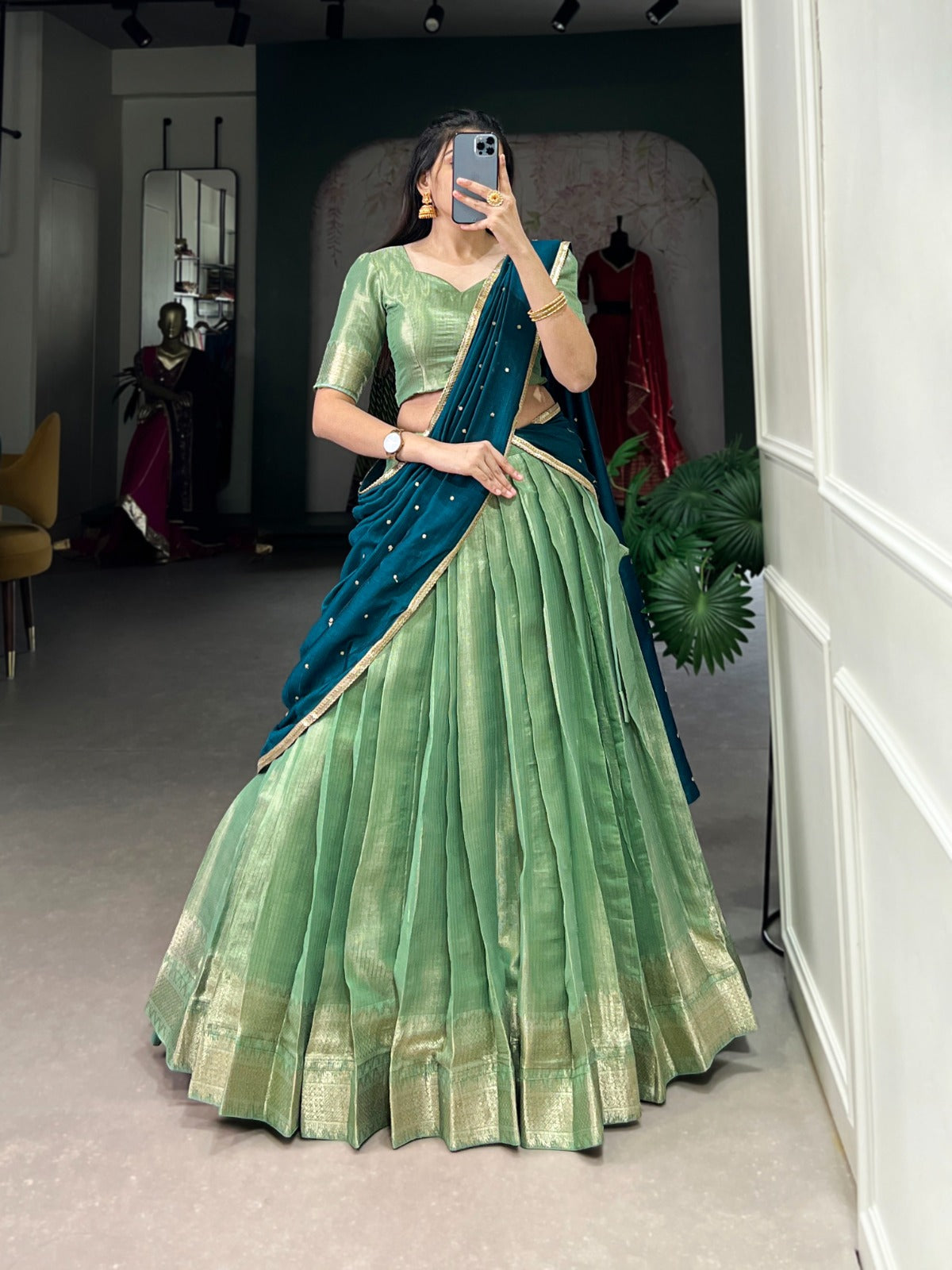 Pista Kanchipuram Zari Weaving Work Lehenga Choli