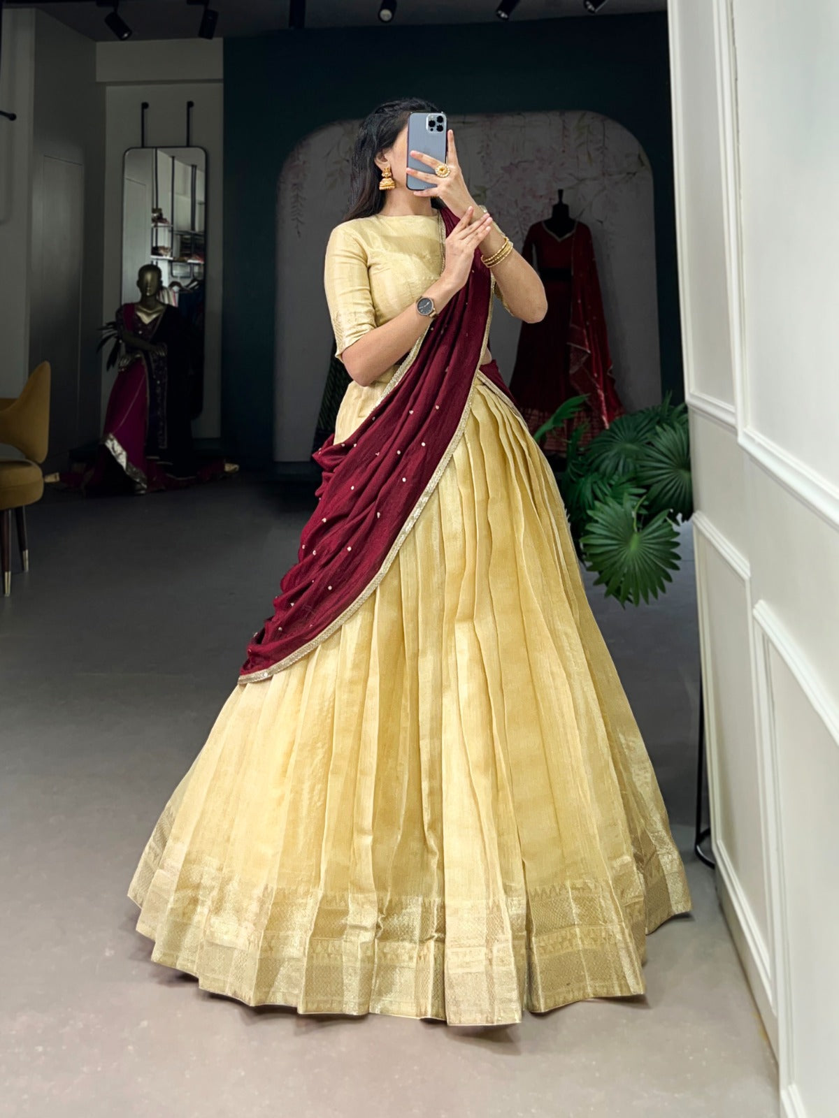 Cream Kanchipuram Zari Weaving Work Lehenga Choli