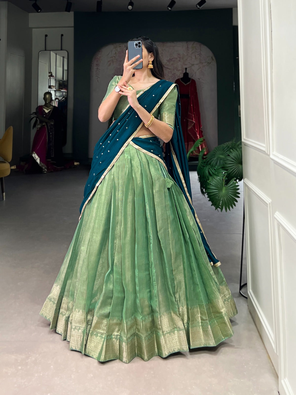 Pista Kanchipuram Zari Weaving Work Lehenga Choli