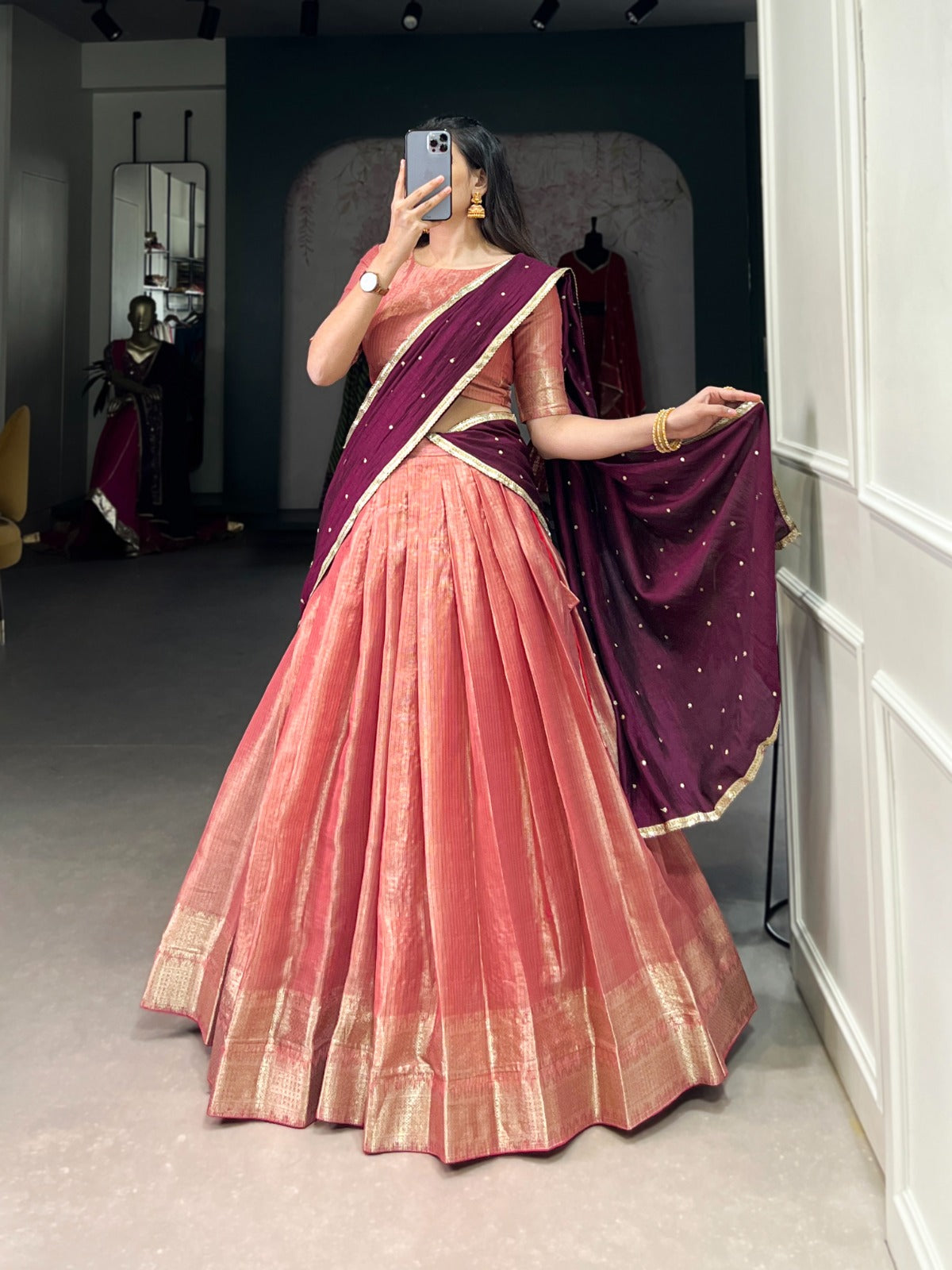 Peach Kanchipuram Zari Weaving Work Lehenga Choli