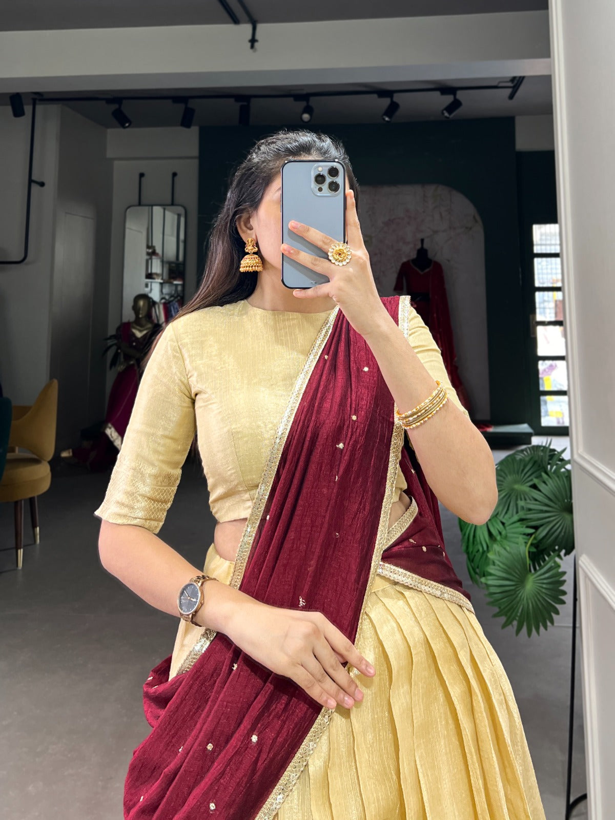 Cream Kanchipuram Zari Weaving Work Lehenga Choli