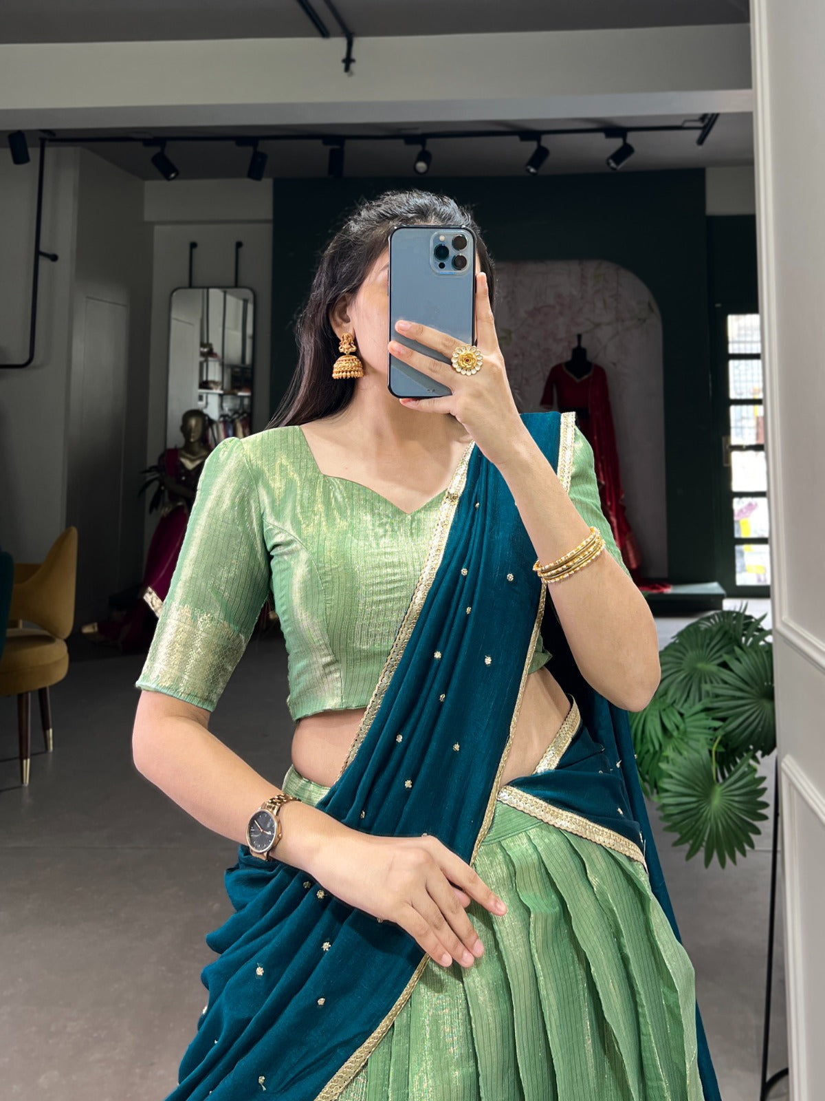Pista Kanchipuram Zari Weaving Work Lehenga Choli