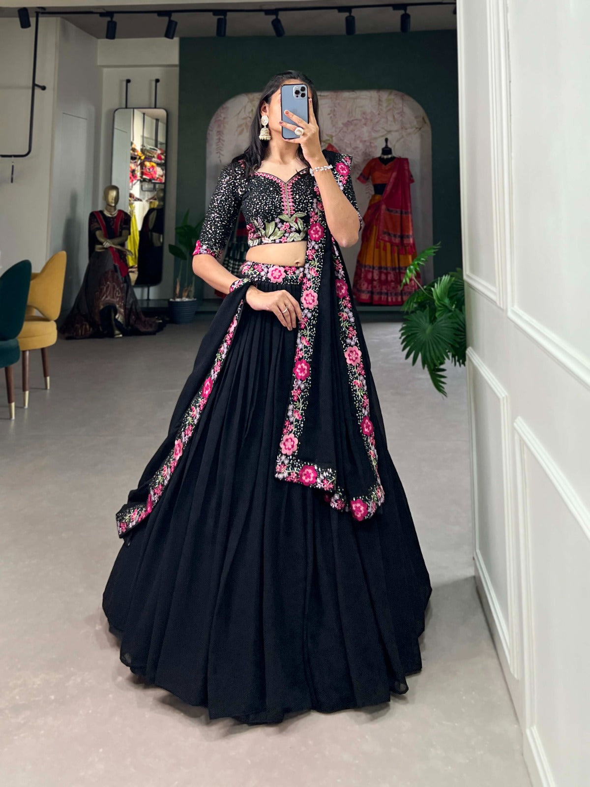 Black Georgette Plain With Sequins and Thread Embroidery Work Lehenga Choli