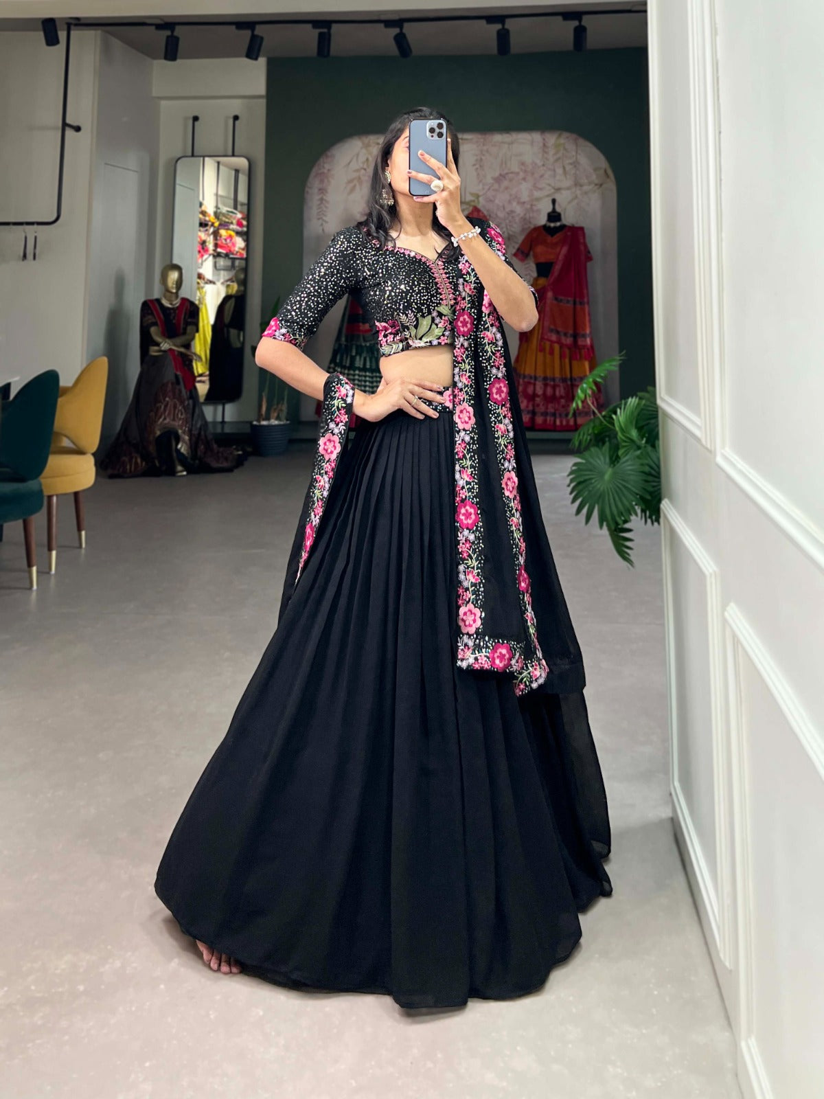 Black Georgette Plain With Sequins and Thread Embroidery Work Lehenga Choli