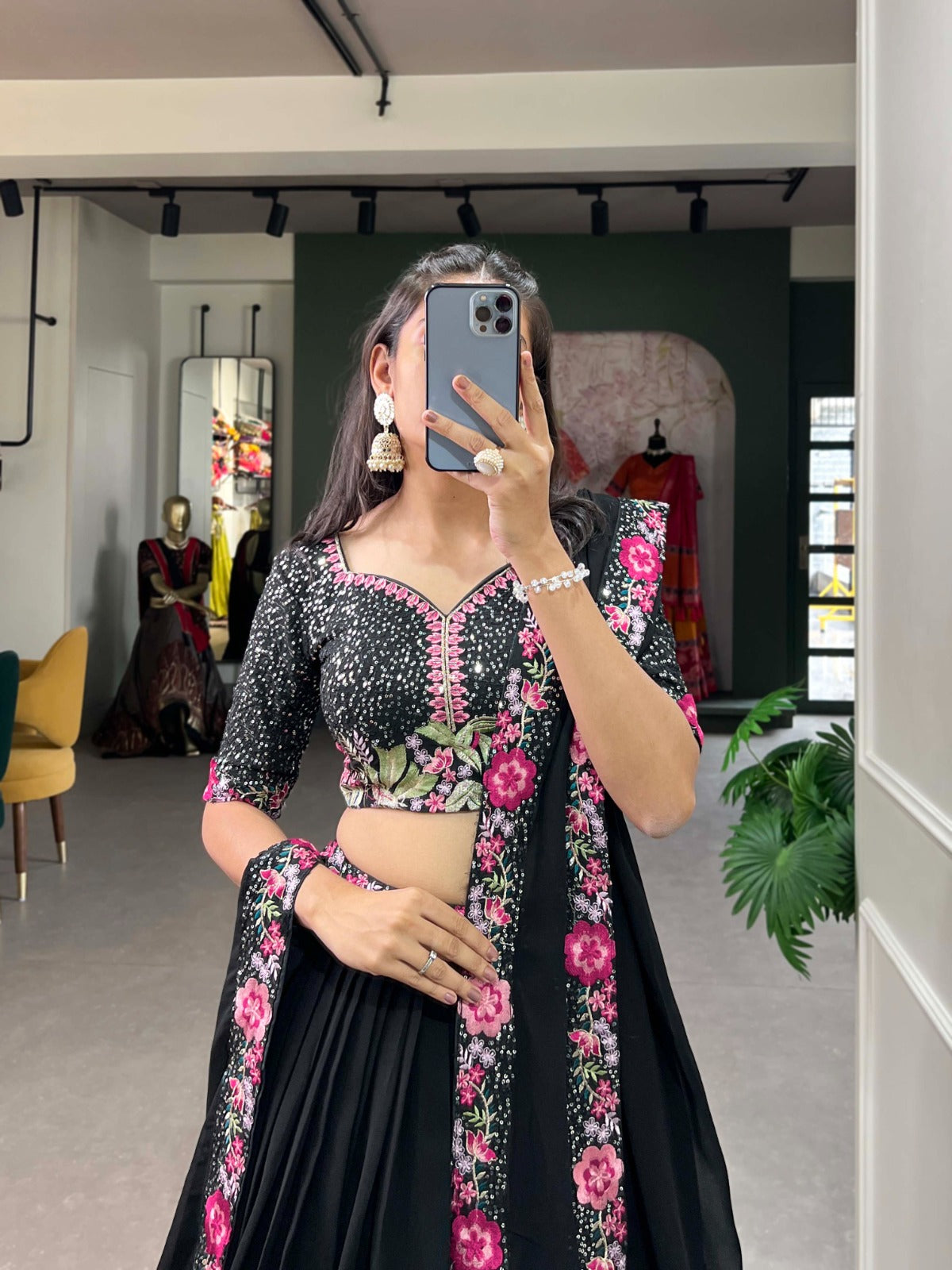 Black Georgette Plain With Sequins and Thread Embroidery Work Lehenga Choli