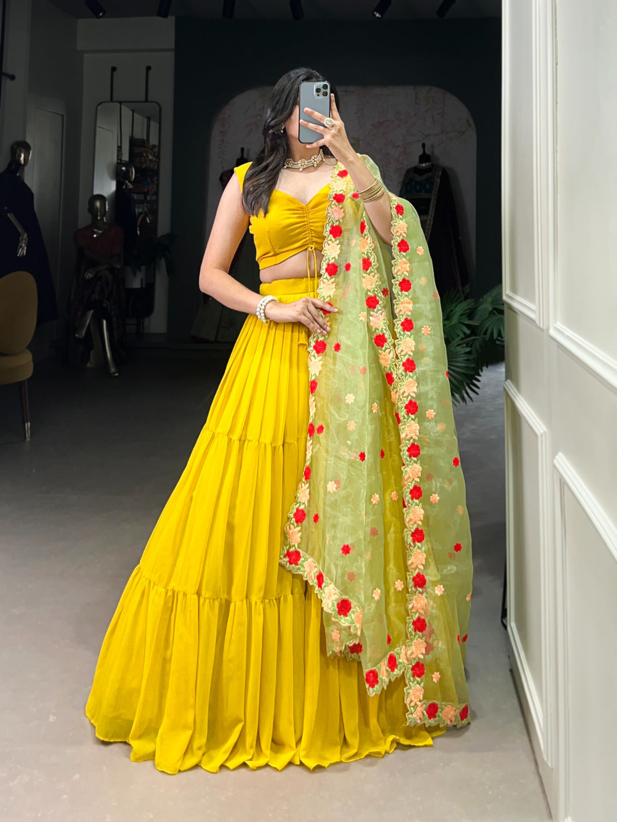 Yellow Georgette Plain Lehenga With Embroidery Work Dupatta Lehenga Choli