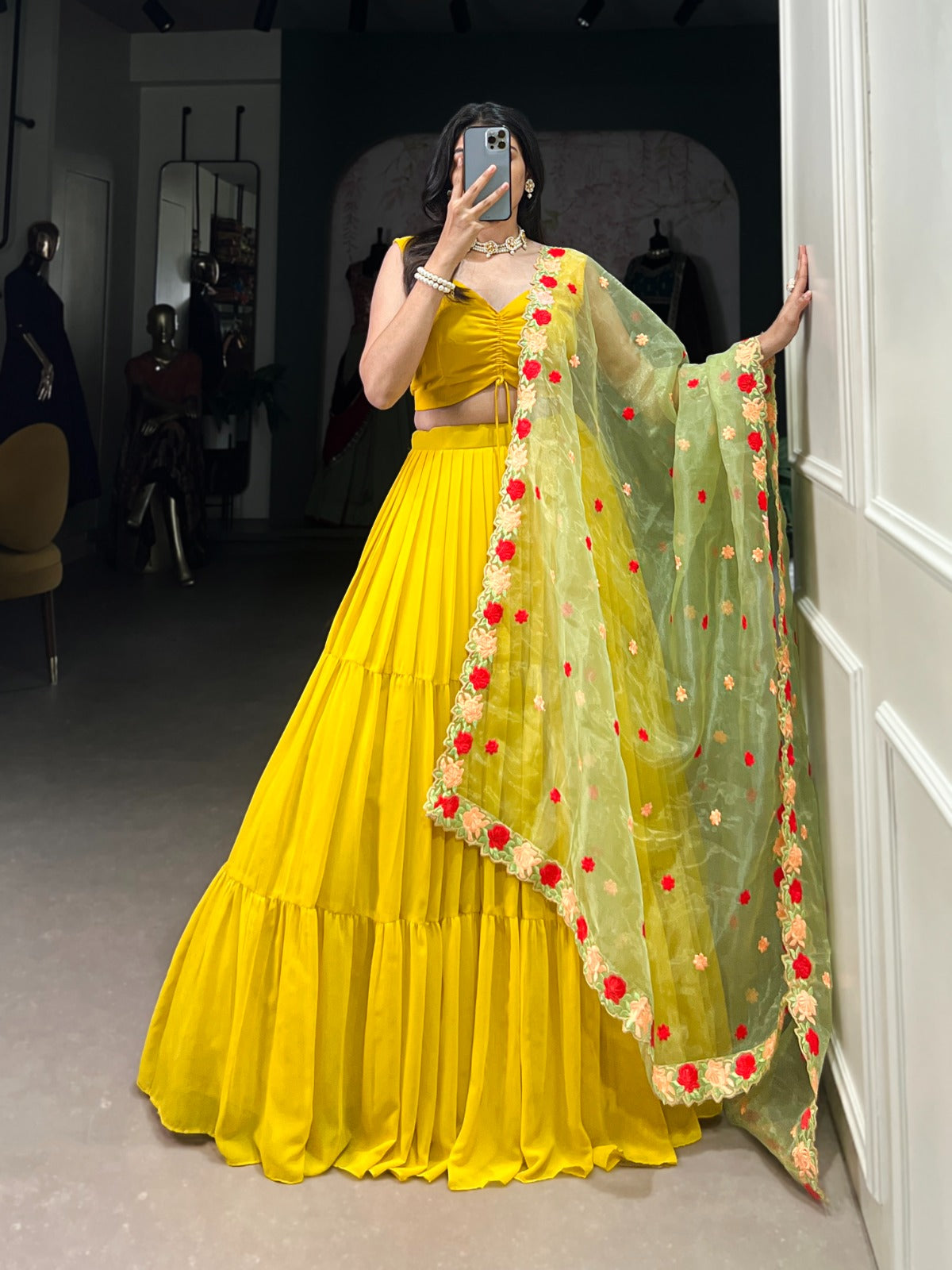 Yellow Georgette Plain Lehenga With Embroidery Work Dupatta Lehenga Choli