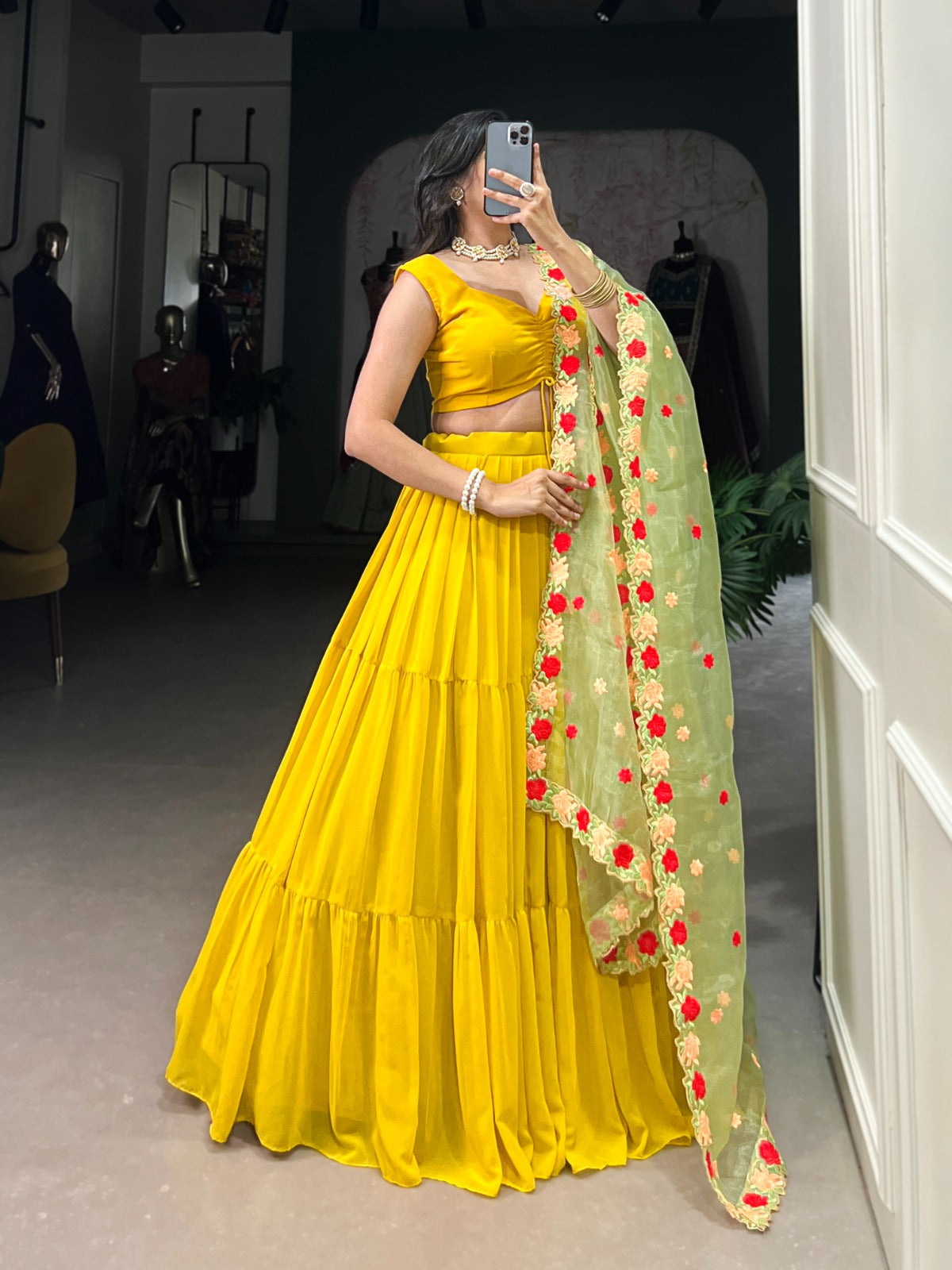 Yellow Georgette Plain Lehenga With Embroidery Work Dupatta Lehenga Choli