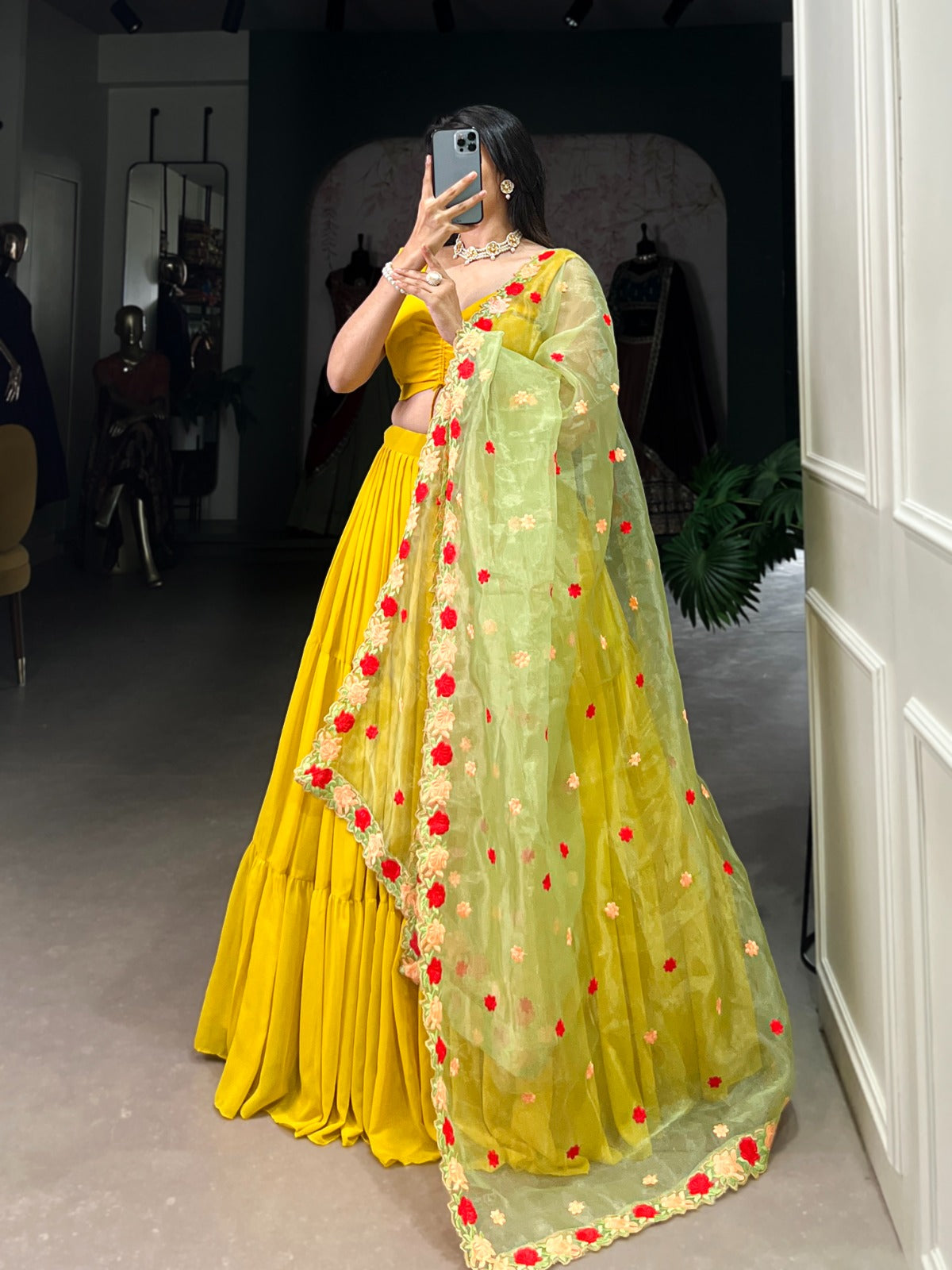 Yellow Georgette Plain Lehenga With Embroidery Work Dupatta Lehenga Choli