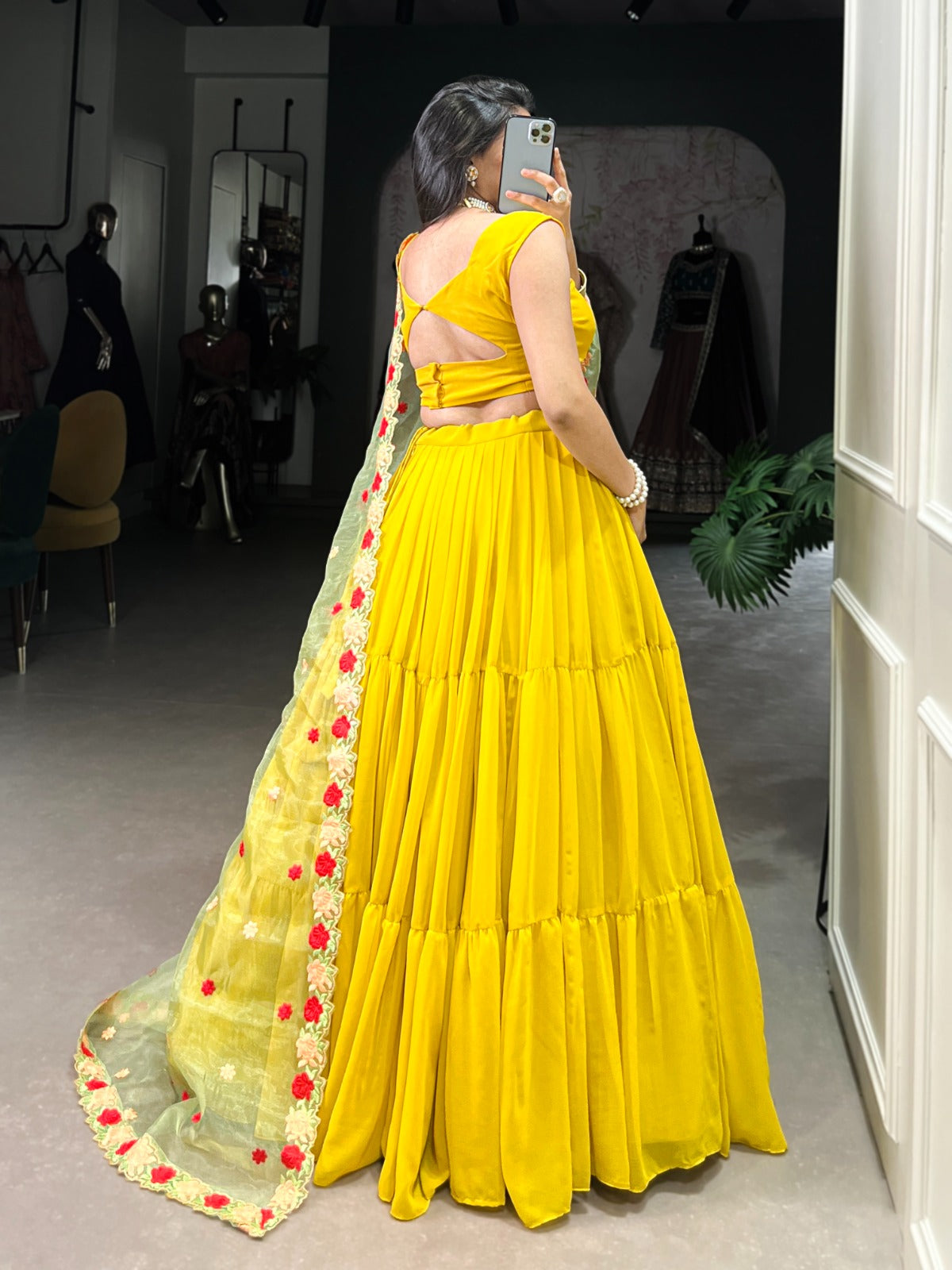Yellow Georgette Plain Lehenga With Embroidery Work Dupatta Lehenga Choli