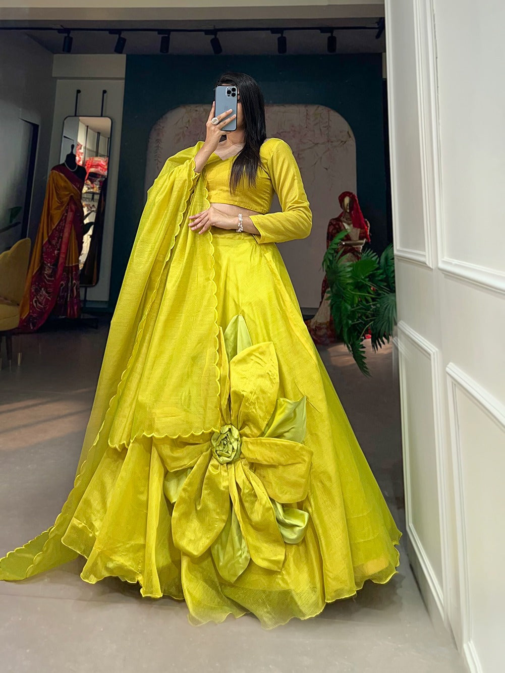 Parrot Green Rajwadi Chanderi Silk Hand Made Flower Lehenga Choli