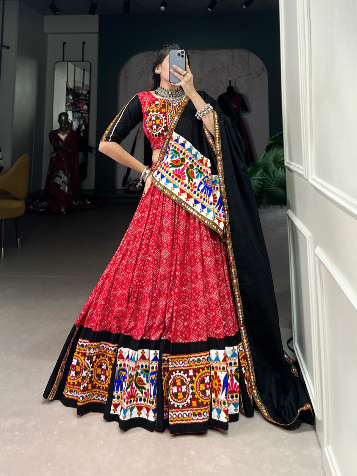 Red Pure Cotton Printed And Gamthi With Mirror work Lehenga Choli
