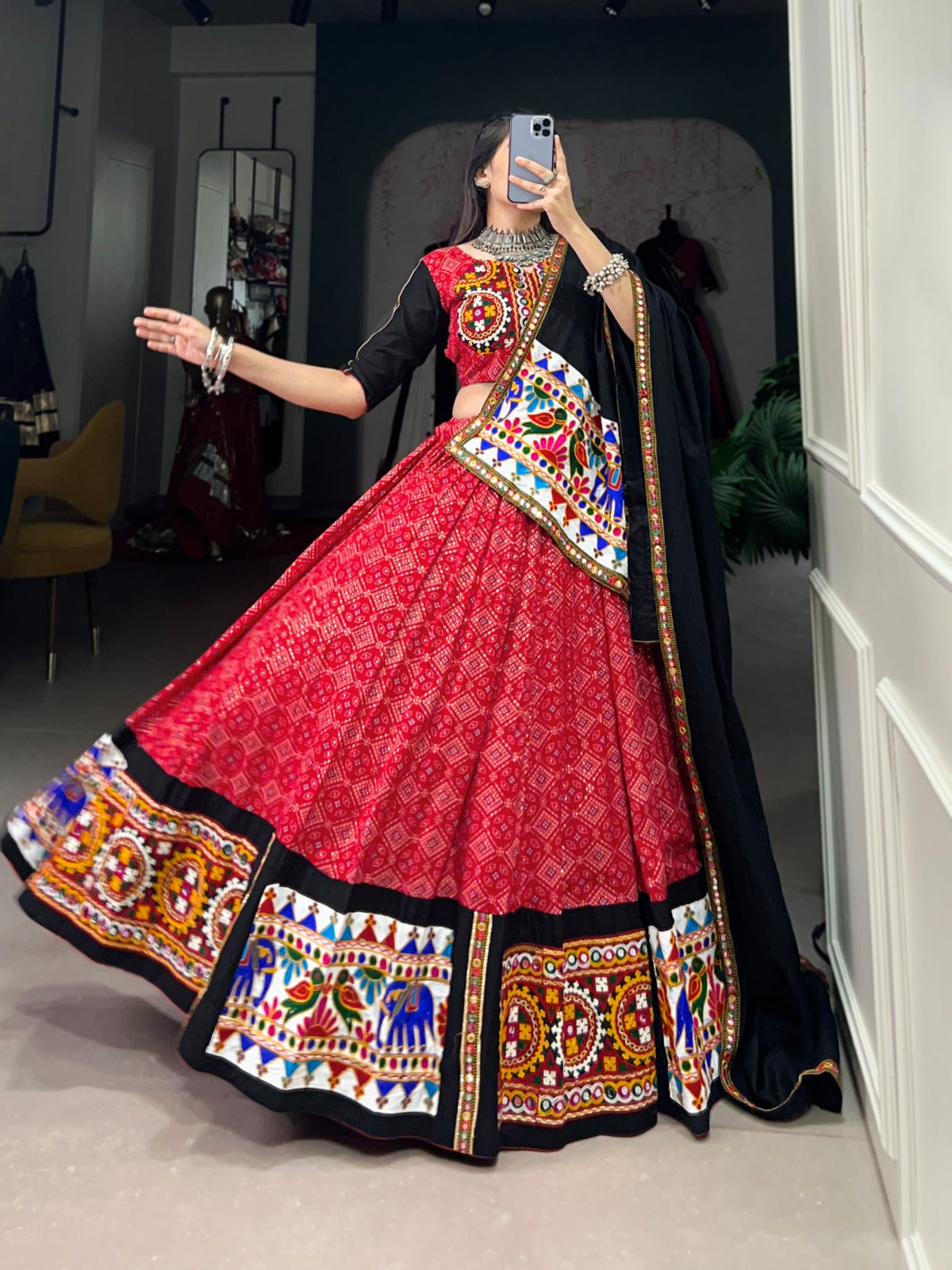 Red Pure Cotton Printed And Gamthi With Mirror work Lehenga Choli