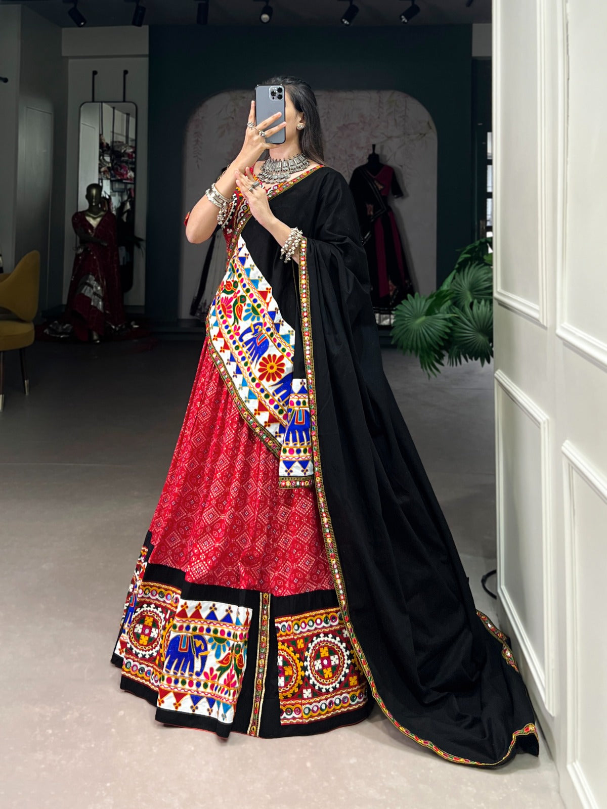 Red Pure Cotton Printed And Gamthi With Mirror work Lehenga Choli
