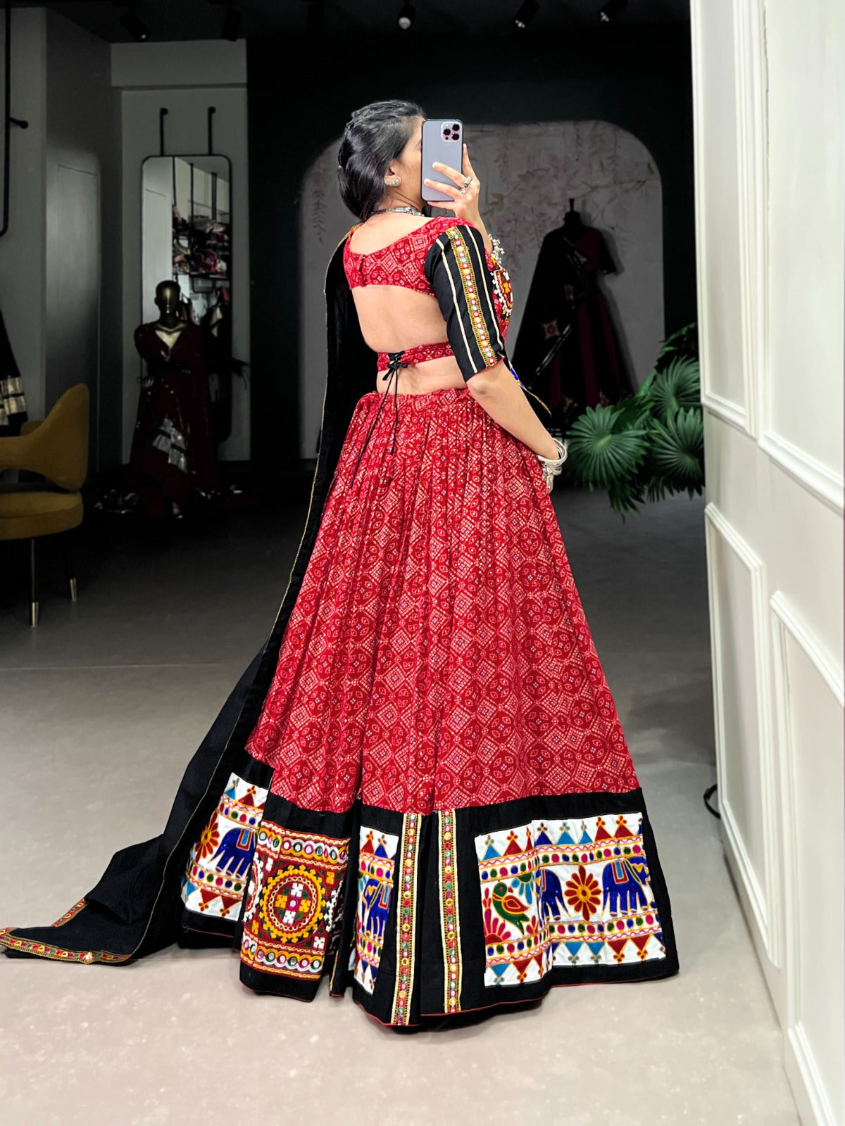 Red Pure Cotton Printed And Gamthi With Mirror work Lehenga Choli