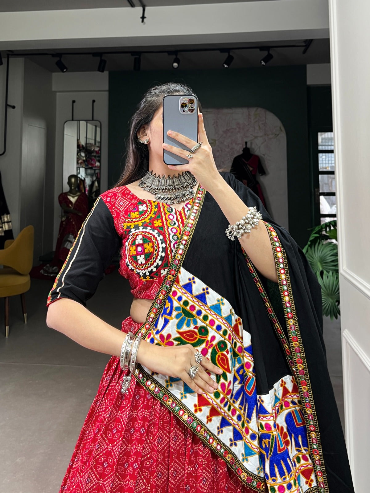 Red Pure Cotton Printed And Gamthi With Mirror work Lehenga Choli