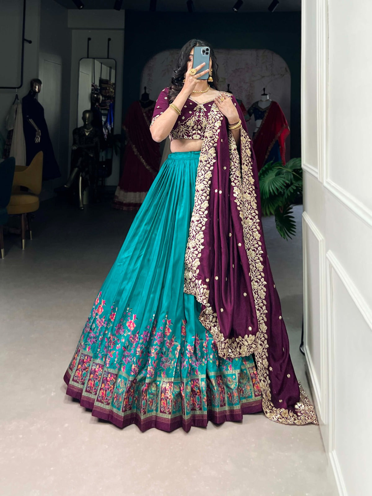 Firozi Tussar Silk Printed With Foil Work Lehenga Choli