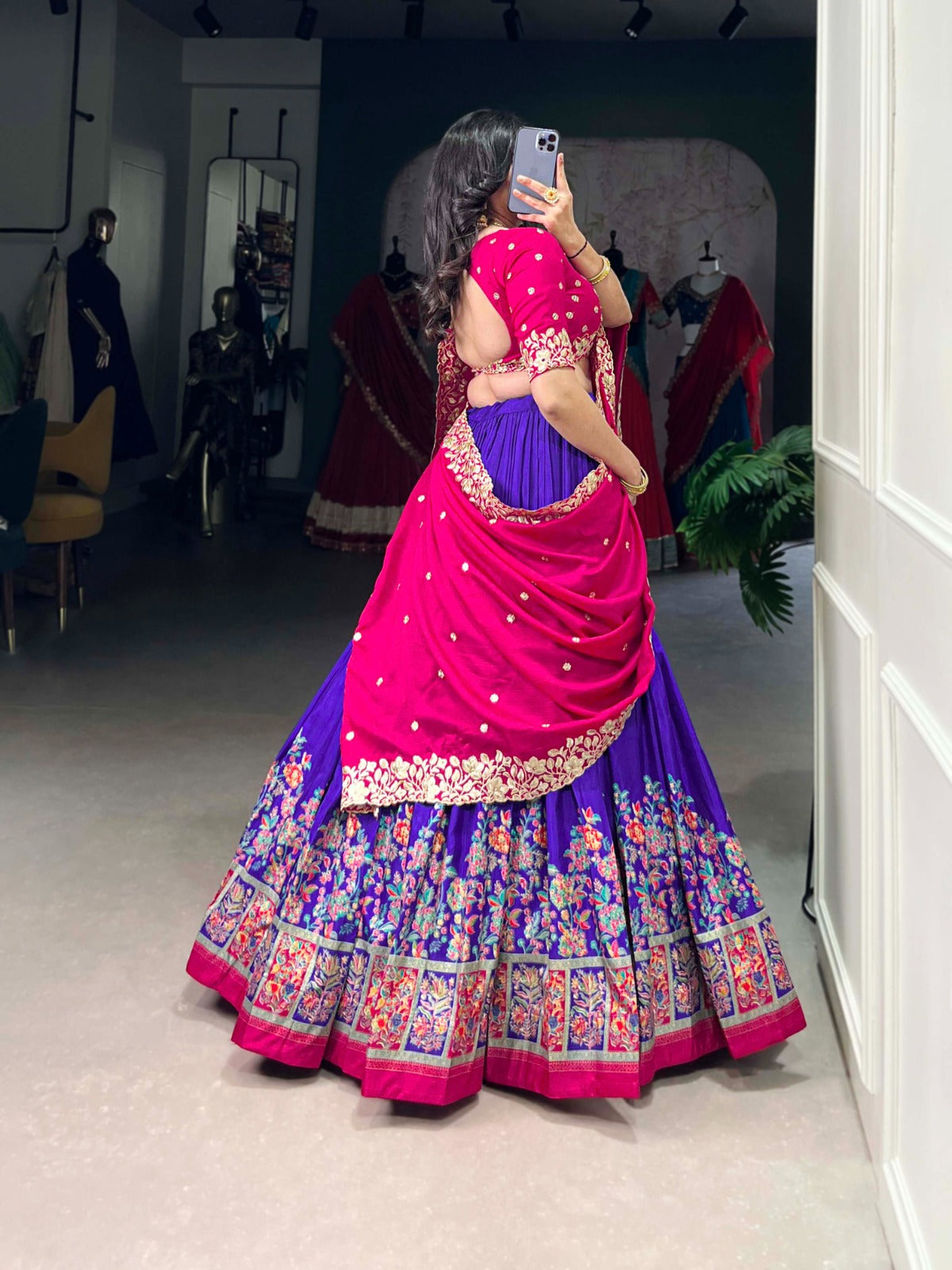 Royal Blue Tussar Silk Printed With Foil Work Lehenga Choli