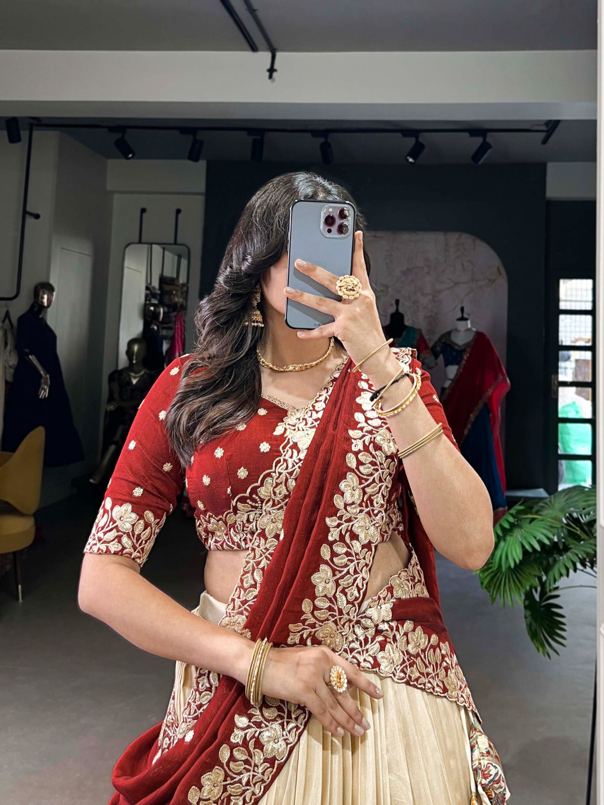 Off White Tussar Silk Printed With Foil Work Lehenga Choli