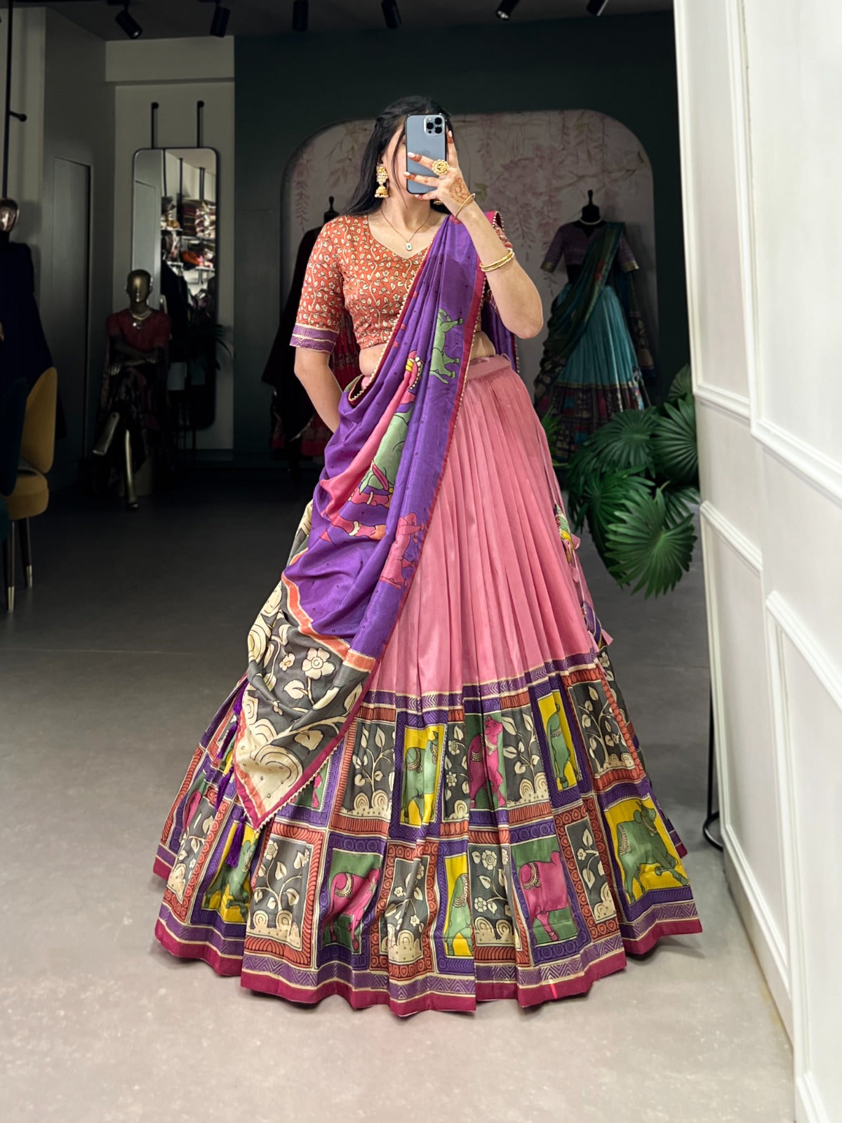 Pink Tussar Silk Kalamkari With Foil Work Lehenga Choli