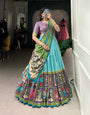Sky Blue Tussar Silk Kalamkari With Foil Work Lehenga Choli