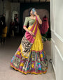 Yellow Tussar Silk Kalamkari With Foil Work Lehenga Choli