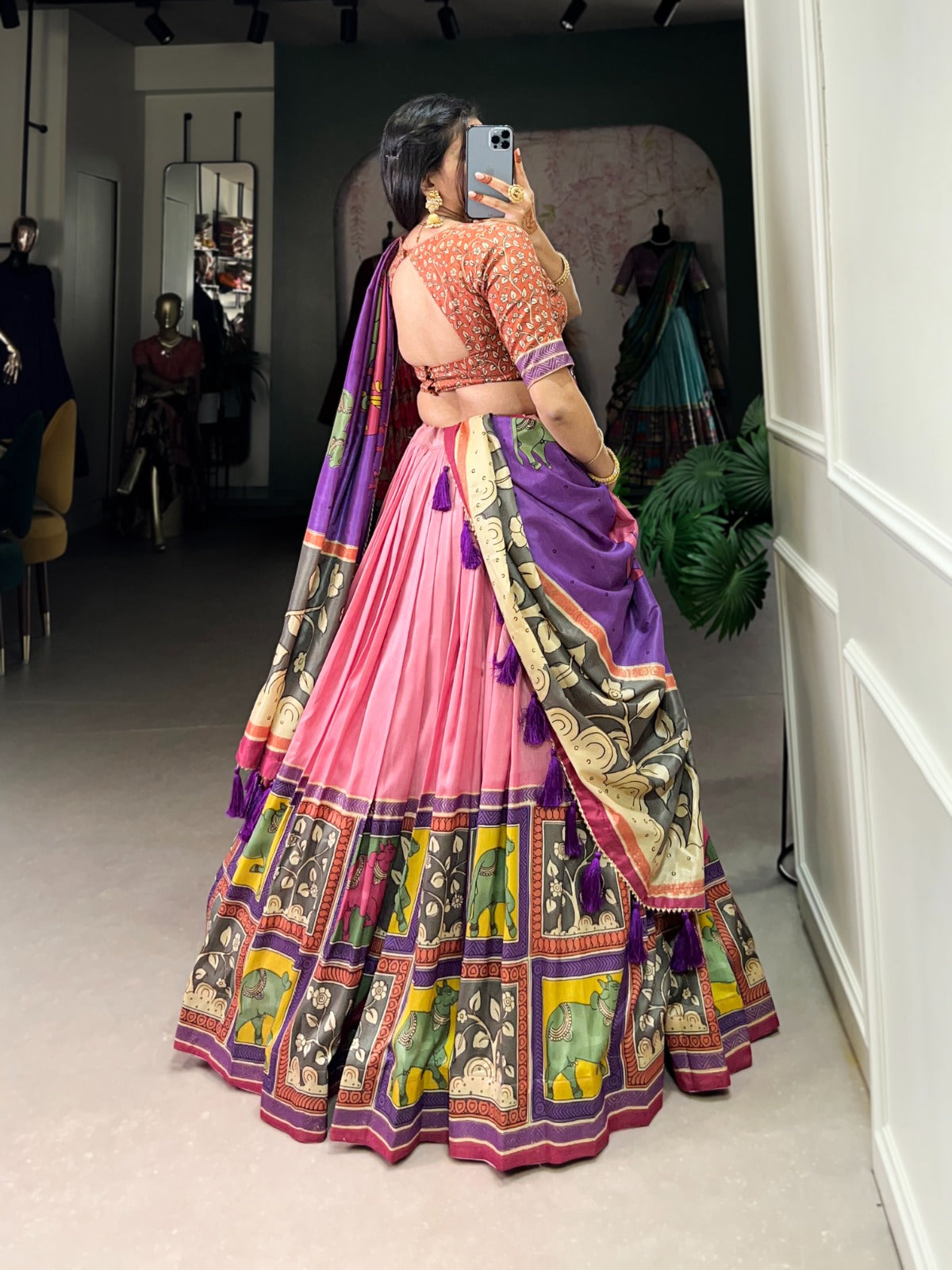 Pink Tussar Silk Kalamkari With Foil Work Lehenga Choli