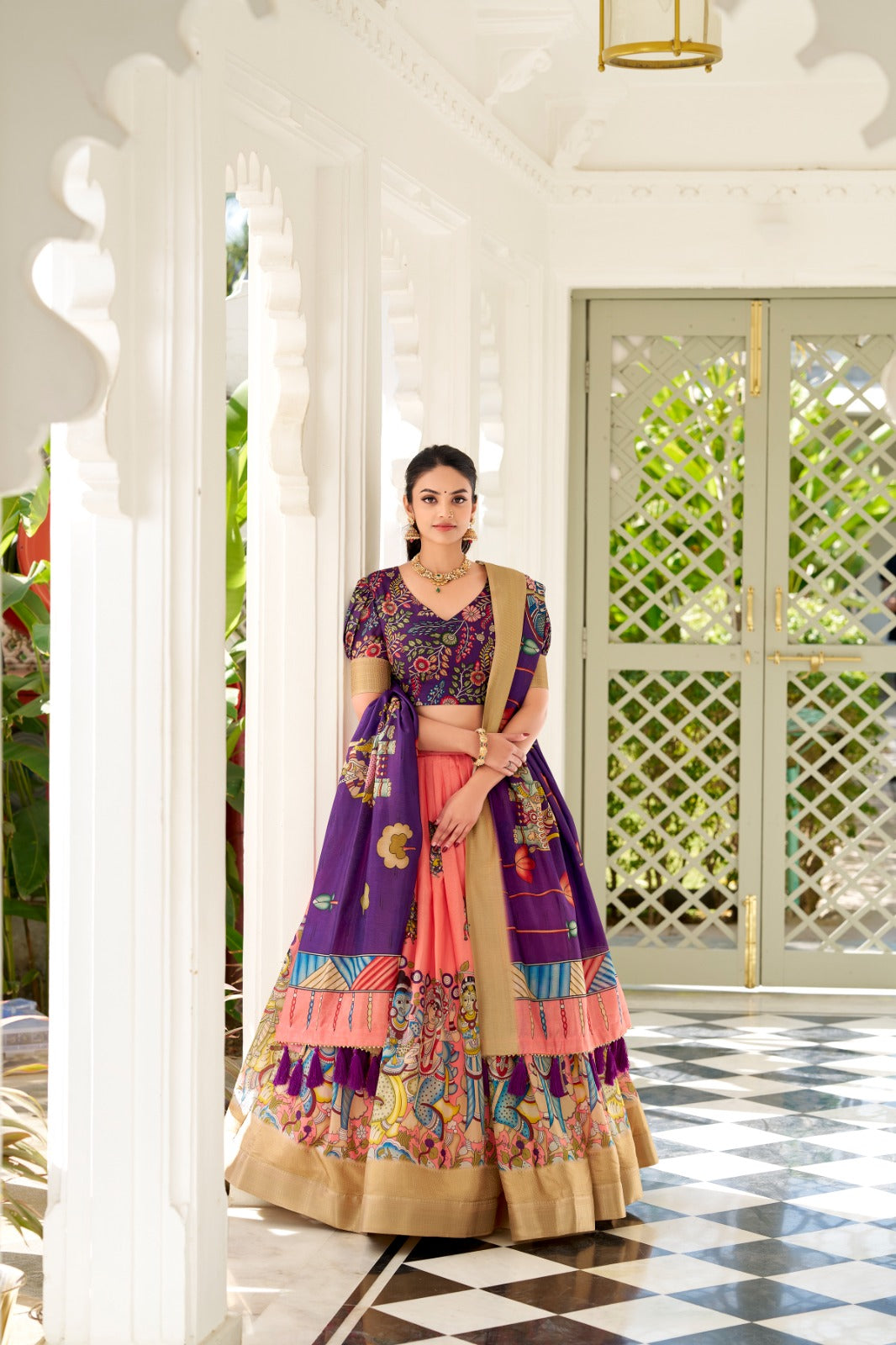 peach Dola Silk Kalamkari Print With Weaving Border Lehenga Choli
