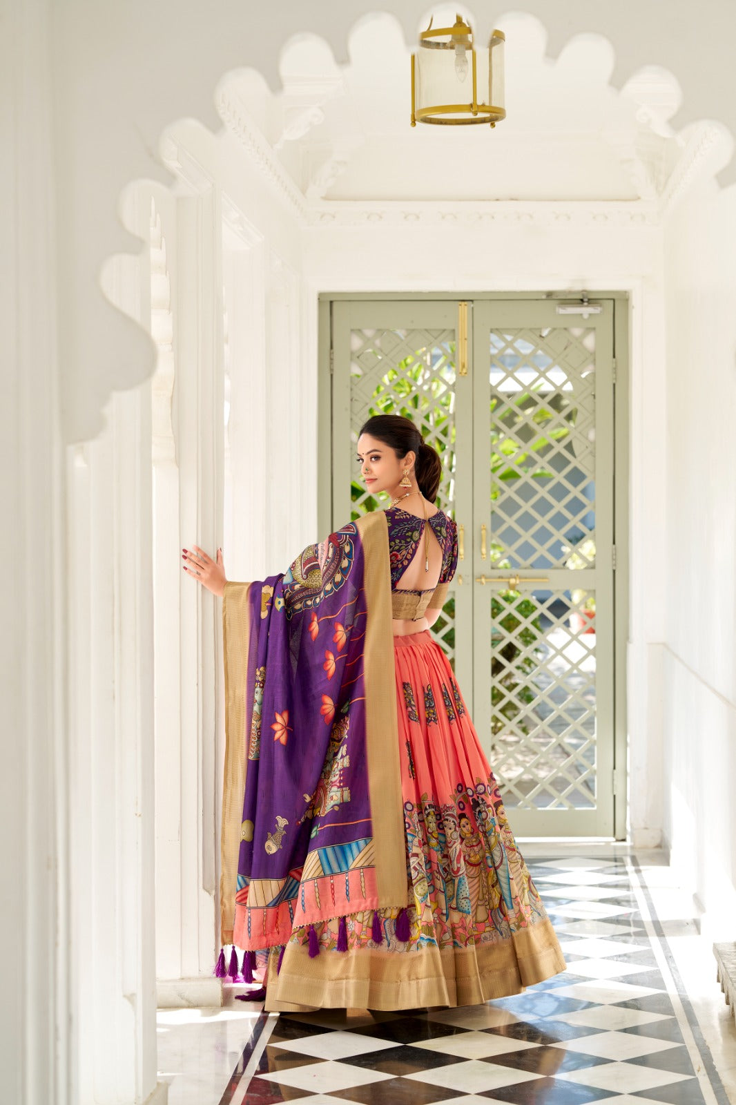 peach Dola Silk Kalamkari Print With Weaving Border Lehenga Choli