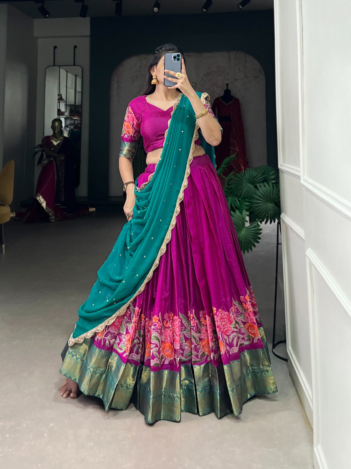 Purple Cotton Silk Thread Embroidery Work Lehenga Choli
